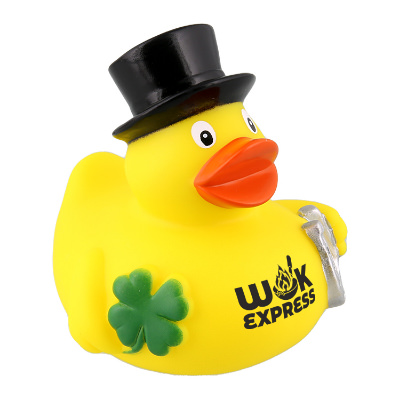 Yellow plastic rubber duck with a customized imprint.
