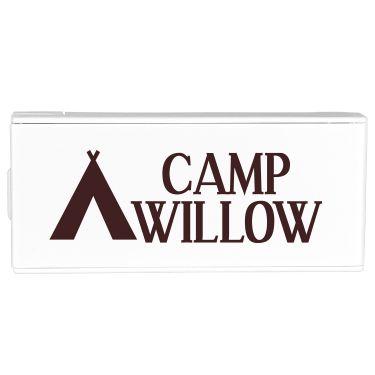 White plastic first aid kit with a personalized logo.