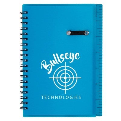 Blue ruler notebook with pen holder and logo.