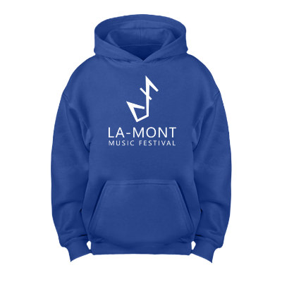 Customized royal blue youth hooded sweatshirt.