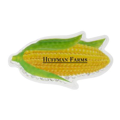 Plastic yellow hot and cold pack with a custom imprint.