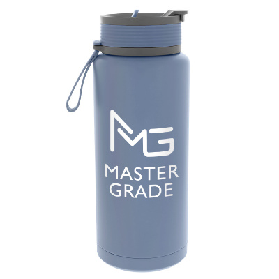 Stainless steel slate gray water bottle with custom logo in 34 oz.
