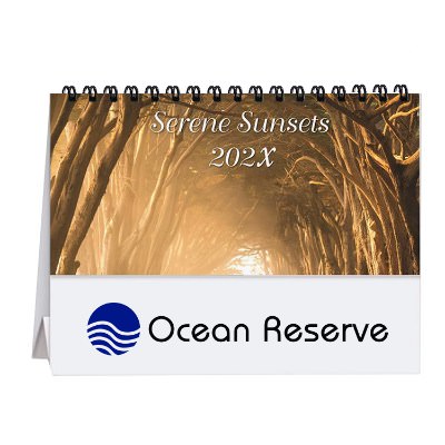 Tent desk calendar with assorted images of glorious sunsets with full color promotional imprint.