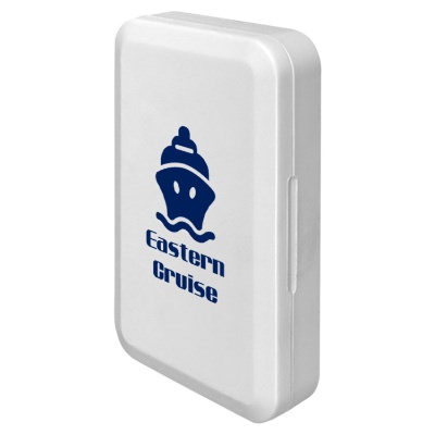 White plastic manicure set with a custom logo.