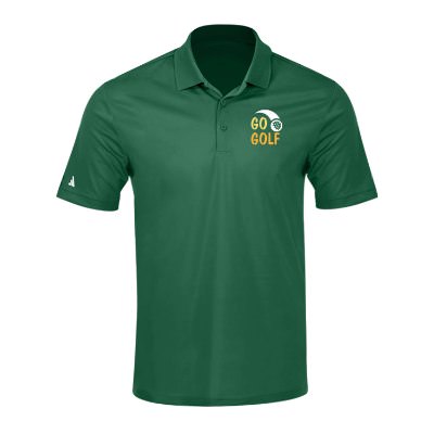 Collegiate green men's polo with personalized full color logo.