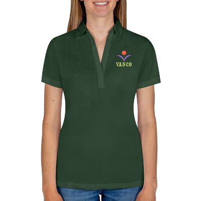 Custom ladies dark green polo with full color logo.