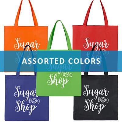 Polypropylene assorted color tote bags.