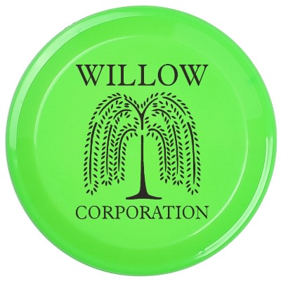Plastic neon green high-5 inch flying disc with imprinting.