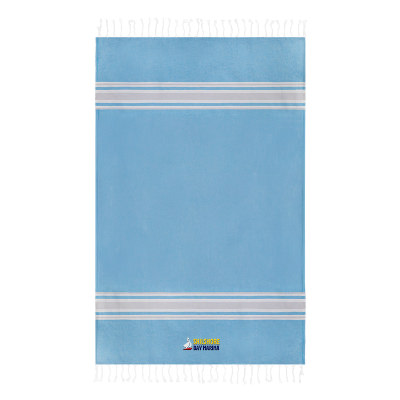 Blue beach towel with custom embroidered imprint.