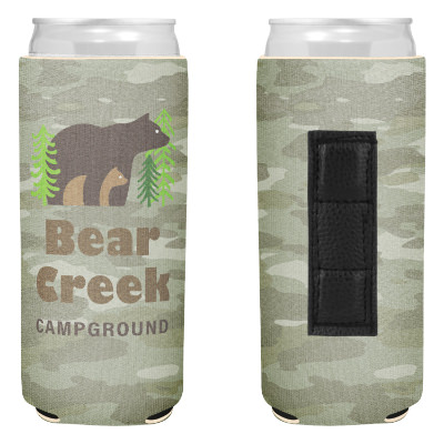 Camo slim can cooler with custom full color imprint.