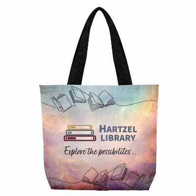 Black polyester tote with a personalized logo.