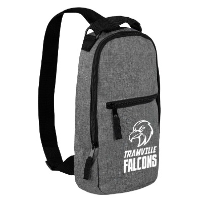 Gray sling bag with black accents and promotional imprint.