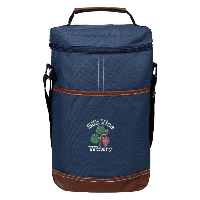 Blue polyester cooler with a customized logo.