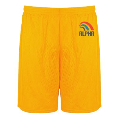 Custom gold mesh short with full color imprint.