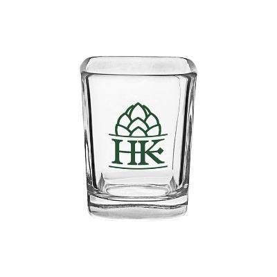 Clear shot glass with custom logo.