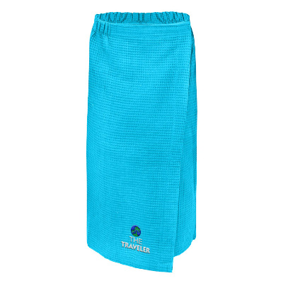 Aqua cotton polyester spa wrap with custom embroidered imprint.