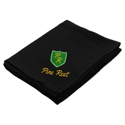 Embroidered navy blue cotton polyester blend sweatshirt blanket.