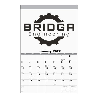 Thirteen month commercial wall calendar with custom one color imprint.