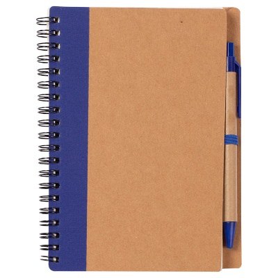 Blue recycled notebook with pen.