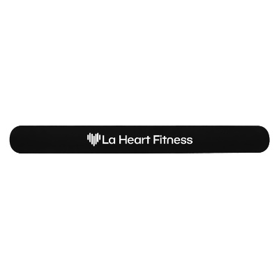 Black yoga mat strap with custom imprint.