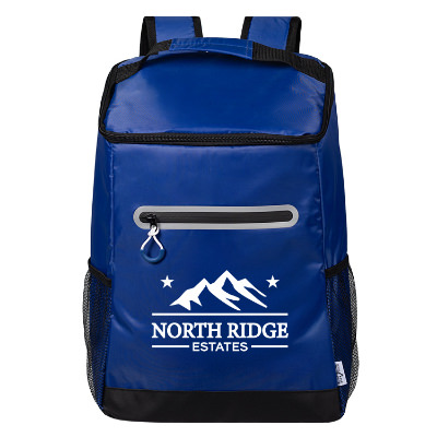 Blue polyester cooler with a customized logo.