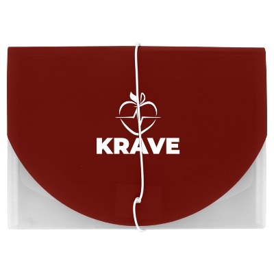 Red plastic document holder with a personalized logo.