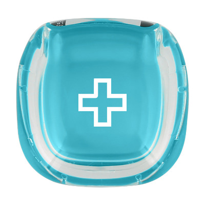 Plastic teal pedometer with custom logo.