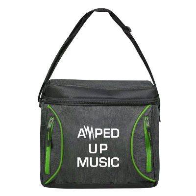 Lime green polyester cooler with a personalized imprint.