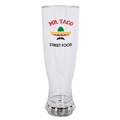 Acrylic clear beer glass with custom full-color logo in 22 ounces.