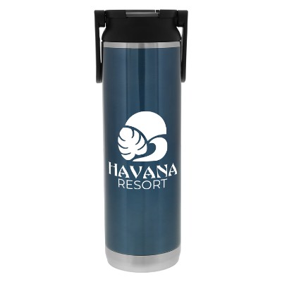 Blue stainless water bottle with custom logo.