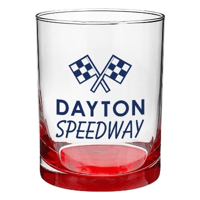 Red whiskey glass with custom logo.