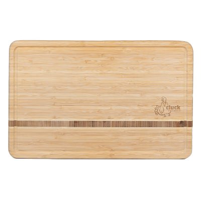 Natural bamboo carving board with personalized laser engraved logo.