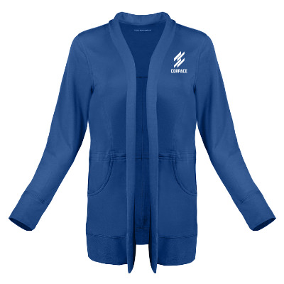 Custom blue cardigan with imprint.
