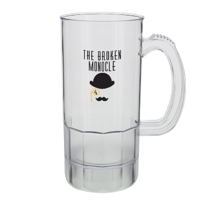 Acrylic clear beer glass with custom full-color logo in 22 ounces.