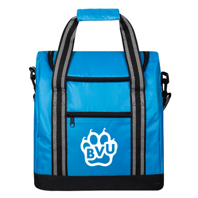 Blue polyester cooler with a customized logo.