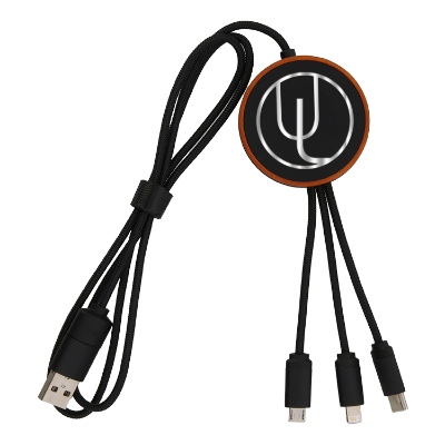 Black plastic charging cable with a personalized logo.