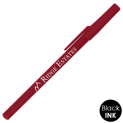 Plastic burgundy pen with a custom imprint.