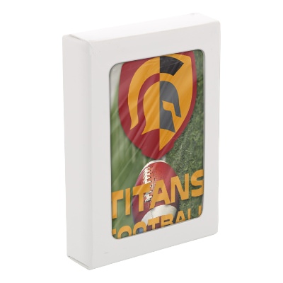 Football paper playing cards with a branded imprint.