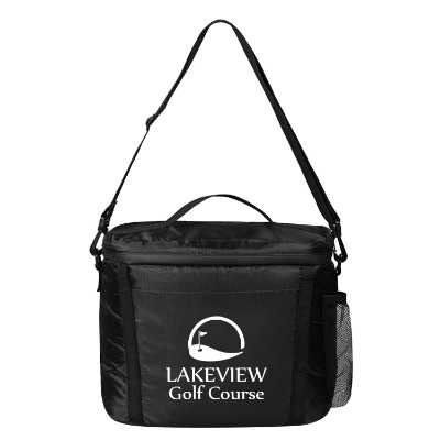 Black polyester cooler with a branded logo.