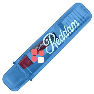 Translucent blue toothbrush with a personalized logo.