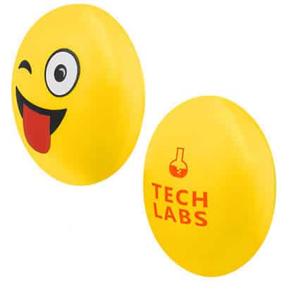 Foam wink emoji stress ball with personalized print.