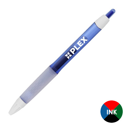 Blue plastic pen with a custom imprint.