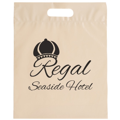 Plastic burgundy die cut quick handle bag with custom imprint.