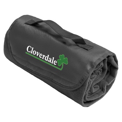 Full color logo on a purple fleece blanket that can fold within itself with attached handle.