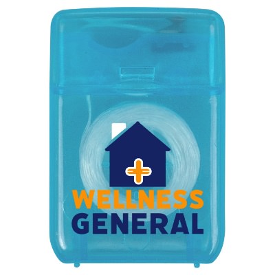 Translucent blue dental floss with a custom imprint.