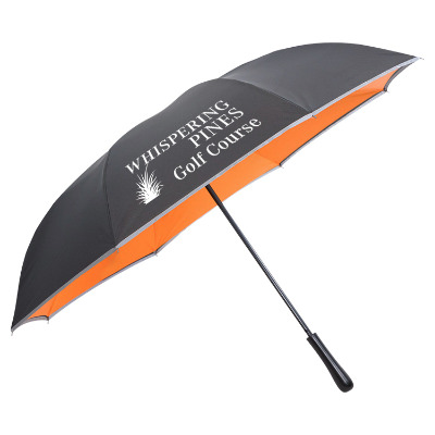 Black with orange reflective edge inversion umbrella with custom imprint.