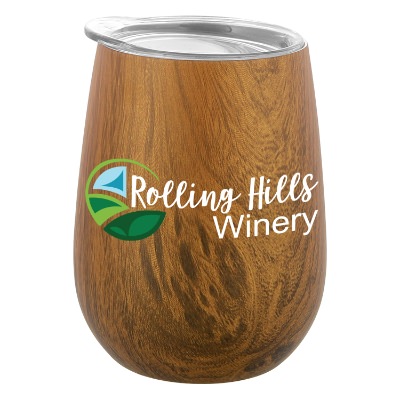 Wood tone wine tumbler with custom full color logo.