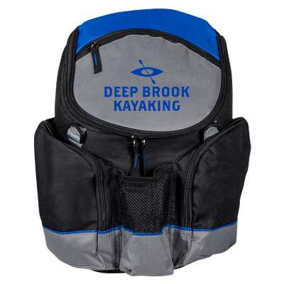 Blue backpack cooler with custom logo.