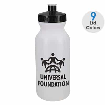 Plastic frosted water bottle with custom imprint and push pull lid in 20 ounces.