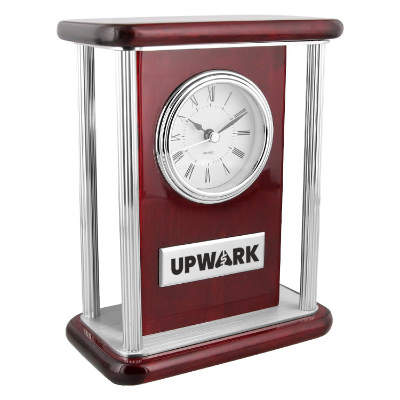 Wood clock with a personalized logo.